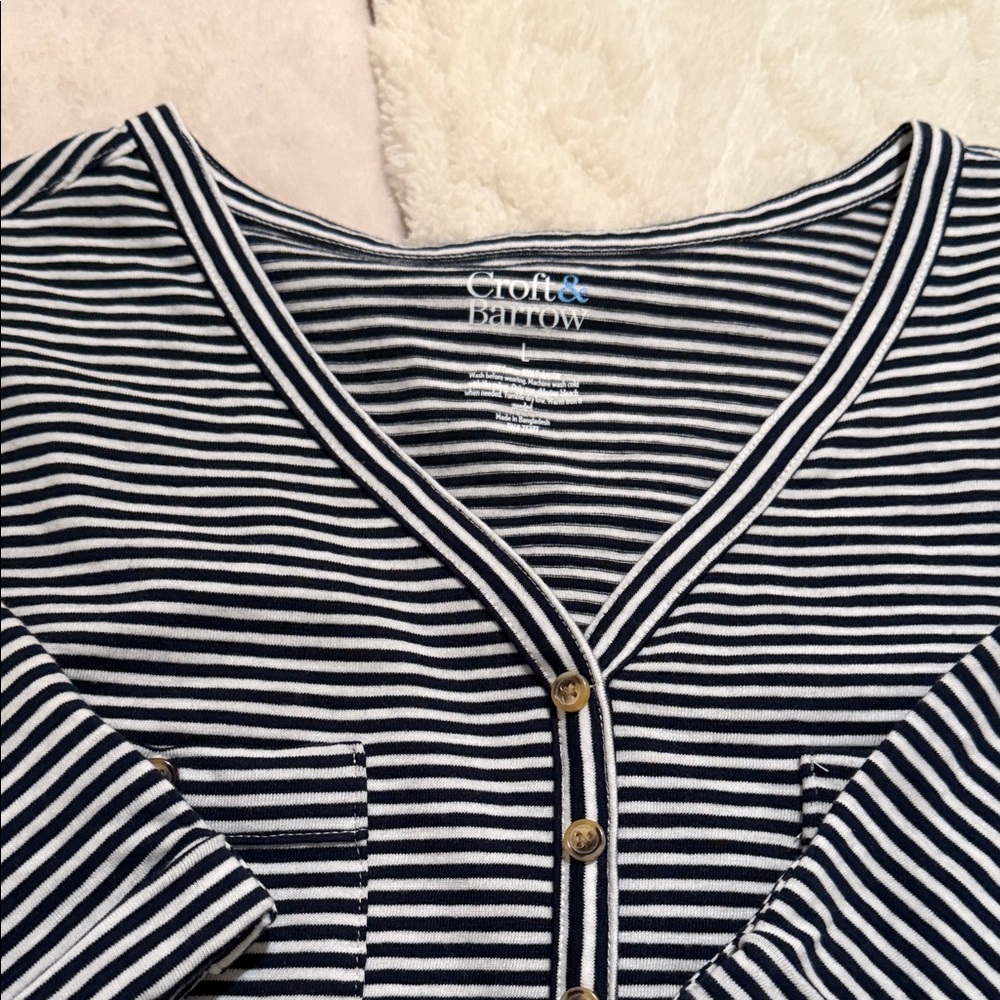 Croft & Barrow Navy and White Striped V-Neck Top